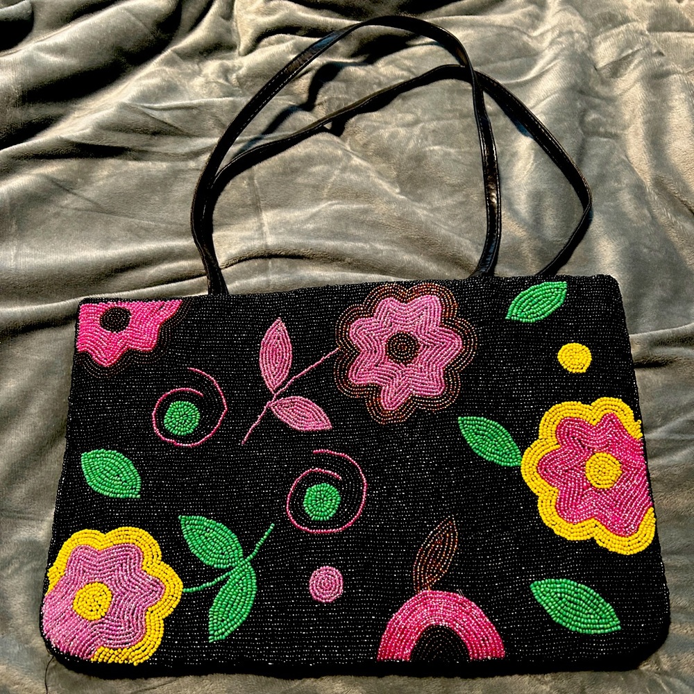 Y and S Original Black Flower Beaded Bag